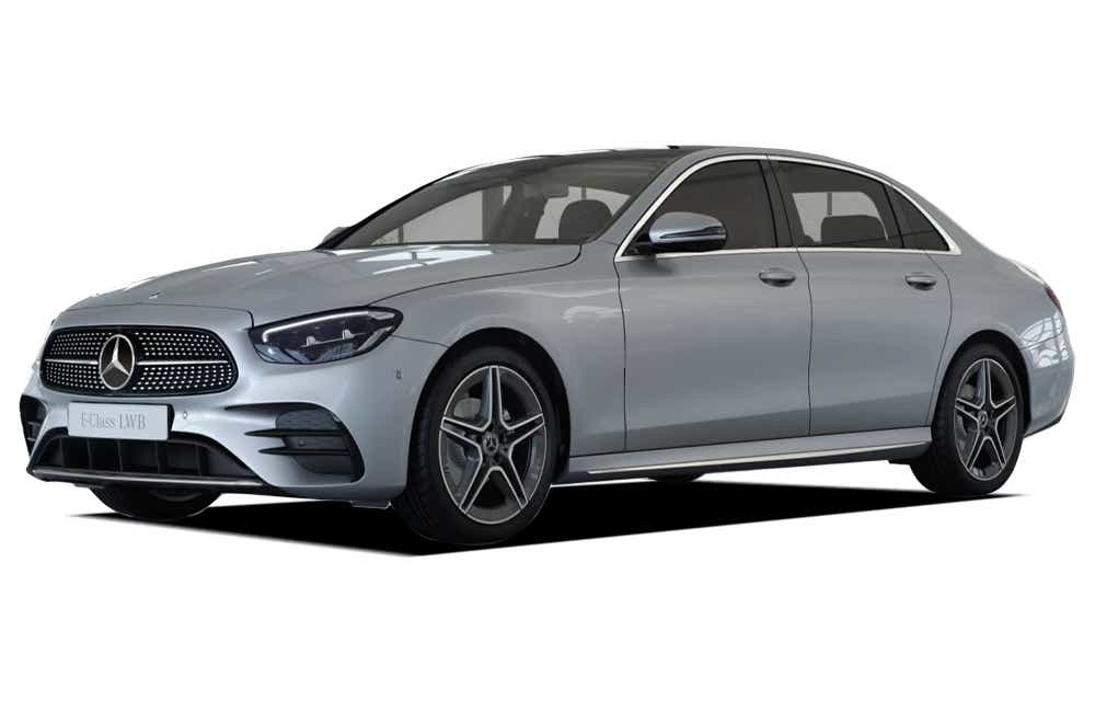 front three-quarter view of a Hi Tech Silver Mercedes-Benz E-Class 2021-2023