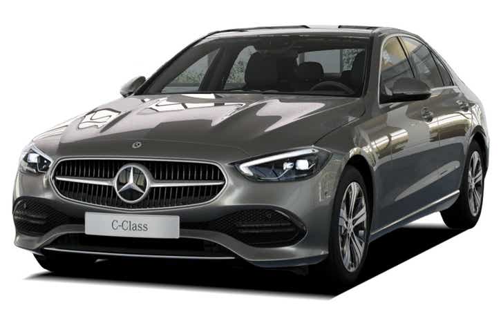 Front three-quarter view of a Selenite Grey Metallic Mercedes-Benz C-Class