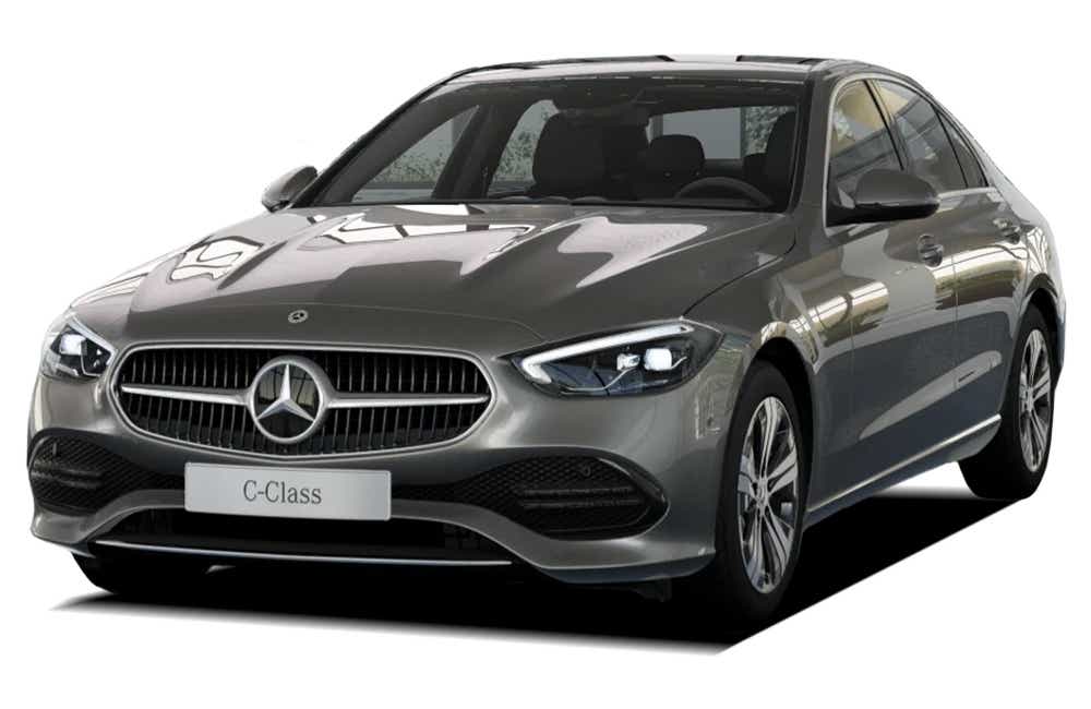 Front three-quarter view of a Selenite Grey Metallic Mercedes-Benz C-Class