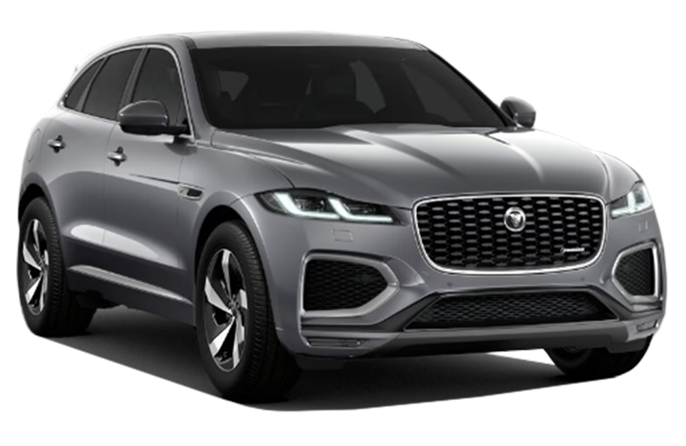 front three-quarter view of a Eiger Grey Jaguar F-Pace