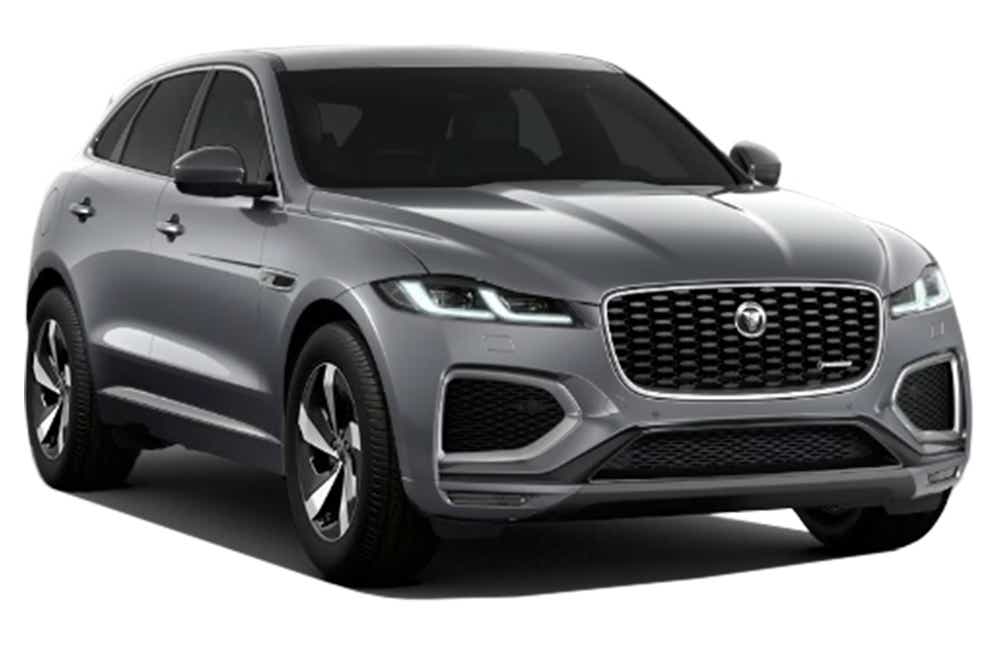 front three-quarter view of a Eiger Grey Jaguar F-Pace