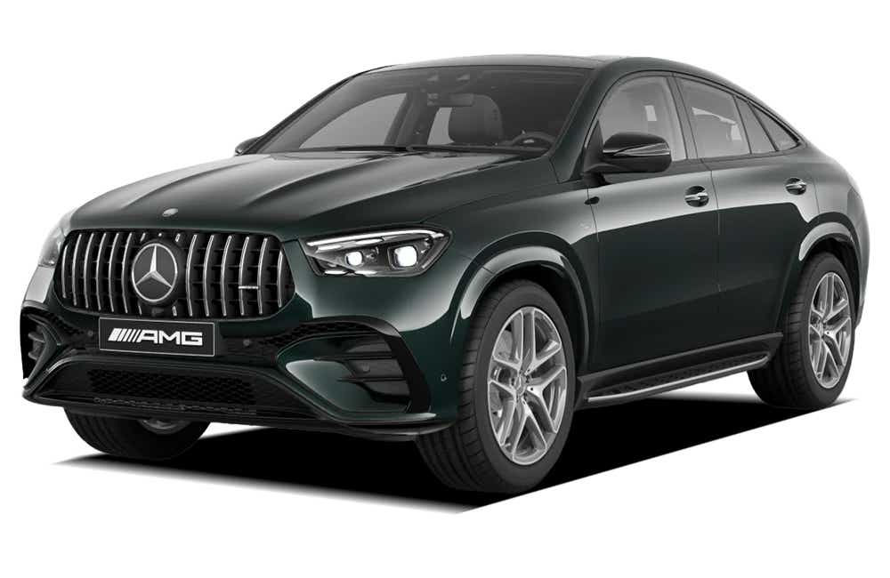 front three-quarter view of a Emerald Green Mercedes-Benz AMG GLE 53 Coupe