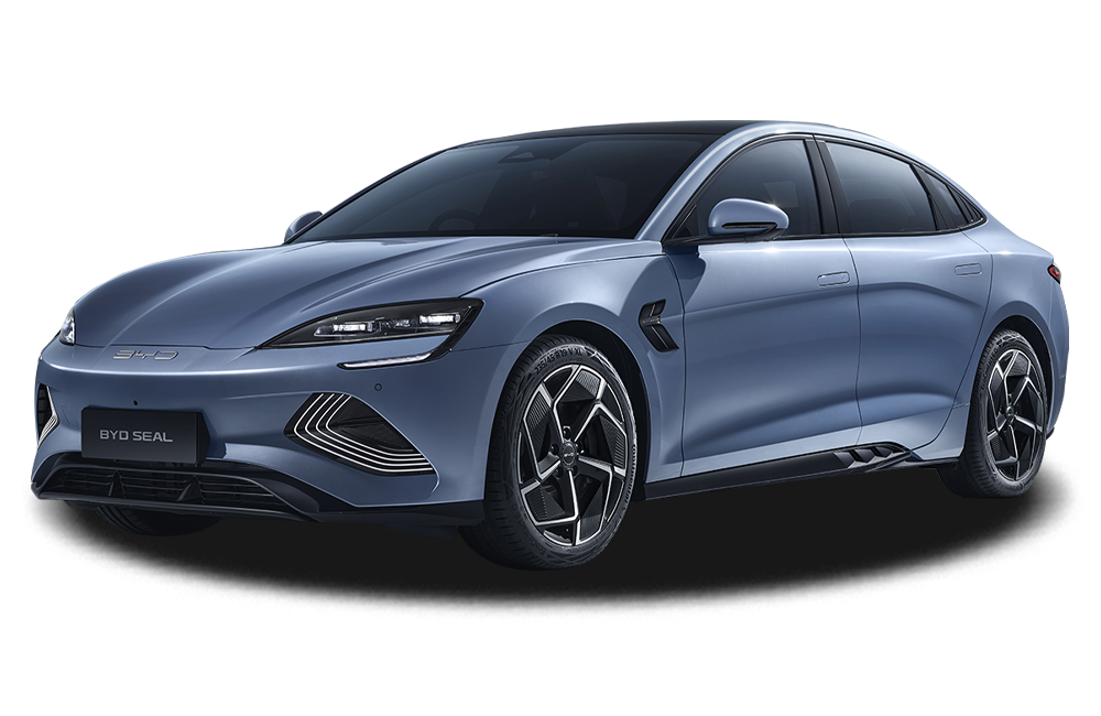 front three-quarter view of a Arctic Blue BYD Seal