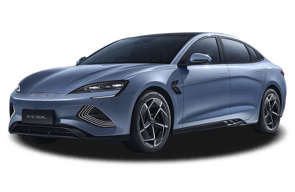 front three-quarter view of a Arctic Blue BYD Seal