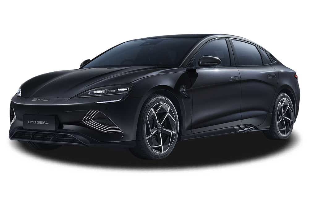 front three-quarter of a Cosmos Black BYD Seal