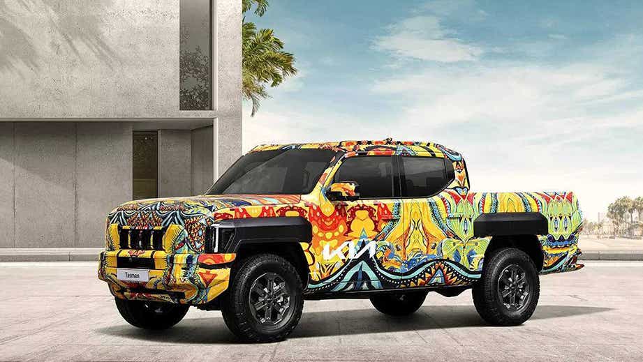 Front three-quarter view of a Kia Tasman pickup truck