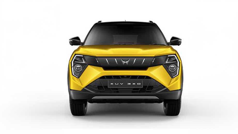 front view of a Citrine Yellow Mahindra XUV 3XO