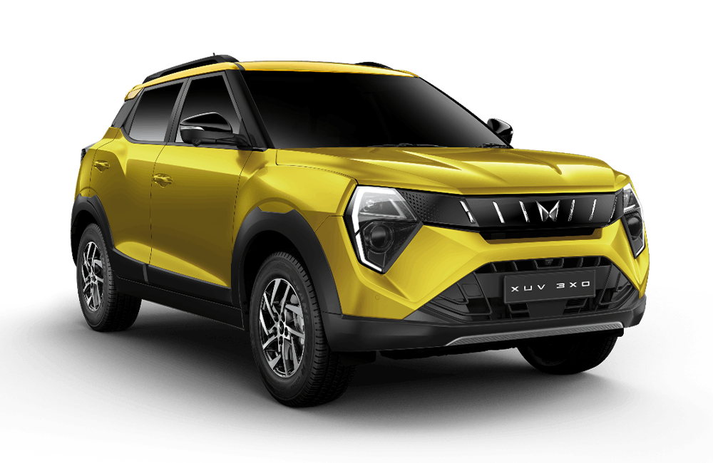 front three-quarter view of a Citrine Yellow Mahindra XUV 3XO