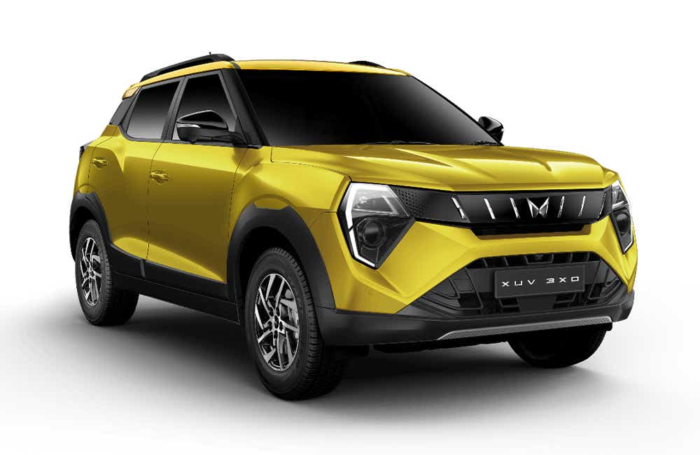 front three-quarter view of a Citrine Yellow Mahindra XUV 3XO