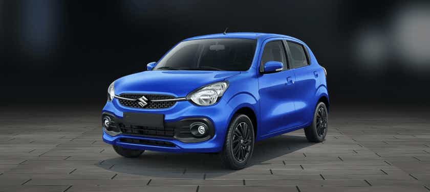 front three-quarter view of a Speedy Blue Maruti Suzuki Celerio