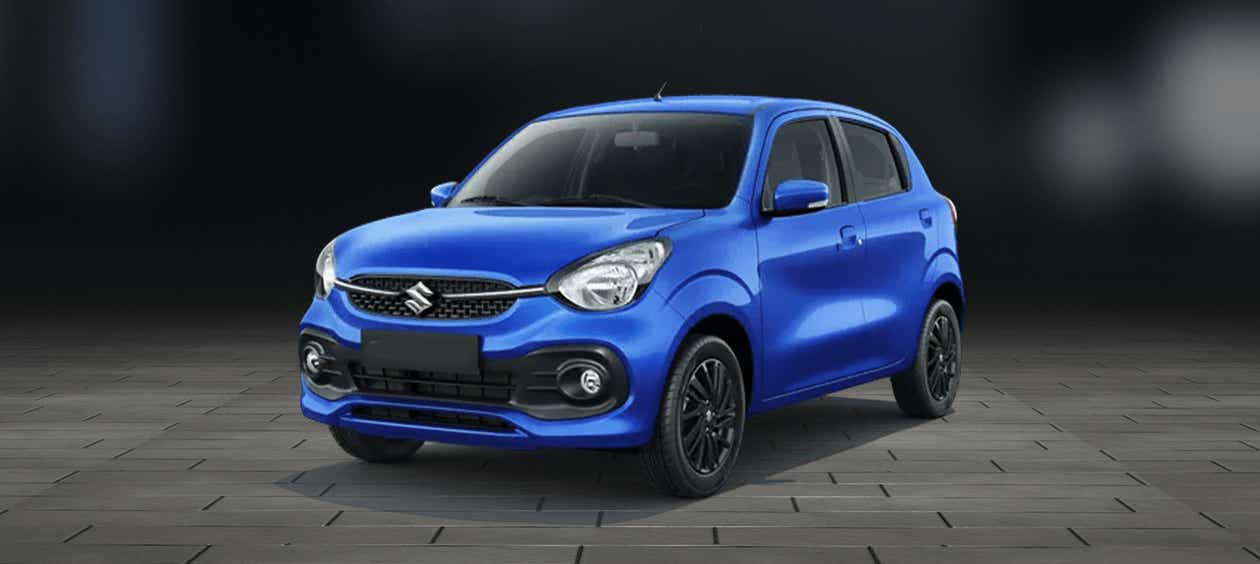 front three-quarter view of a Speedy Blue Maruti Suzuki Celerio