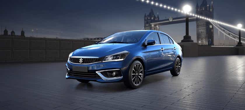 front three-quarter view of a Nexa Blue Maruti Suzuki Ciaz