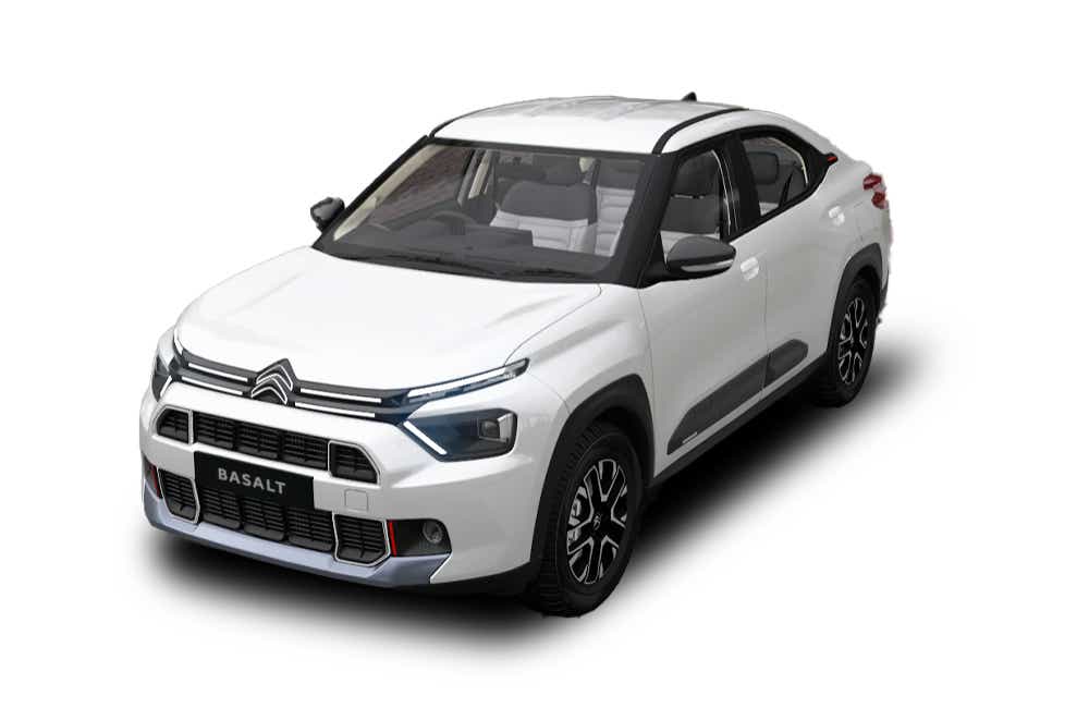 front three-quarter view of a Polar White Citroen Basalt