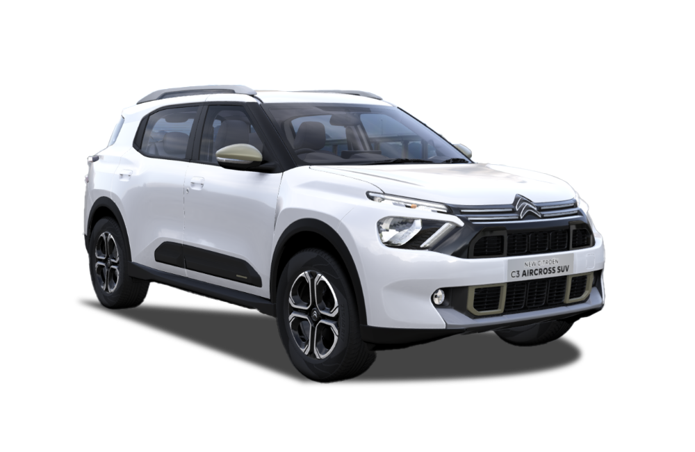 front three-quarter view of a Polar White Citroen Aircross