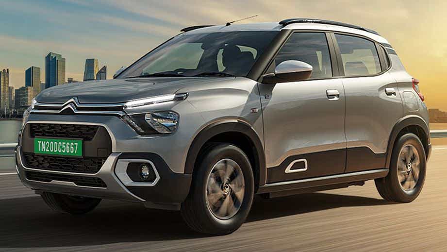 front three-quarter of a Steel Grey with Platinum Grey Citroen eC3