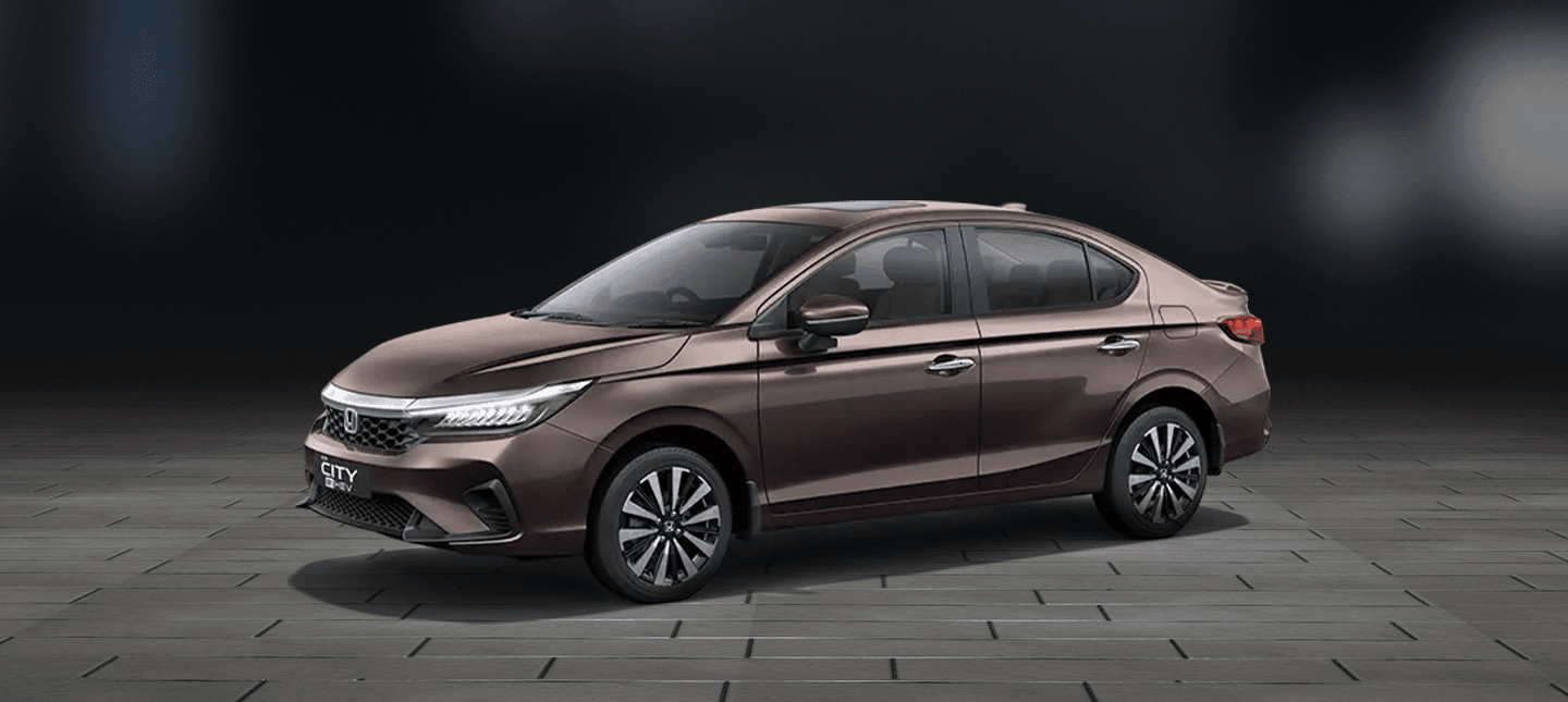 front three-quarter view of a Meteoroid Grey Metallic Honda City Hybrid