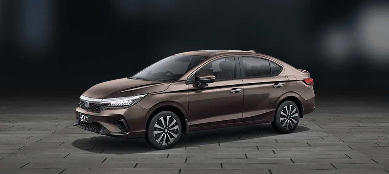 front three-quarter view of a Meteoroid Grey Metallic Honda City Hybrid