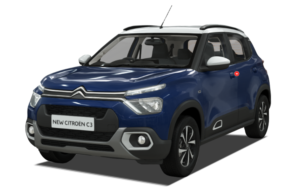 front three-quarter view of a Blue with Polar White Citroen C3