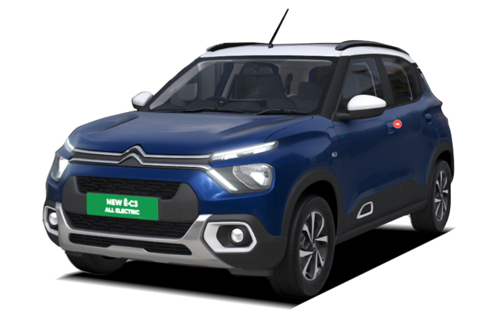 front three-quarter of a Cosmo Blue with Polar White Citroen eC3