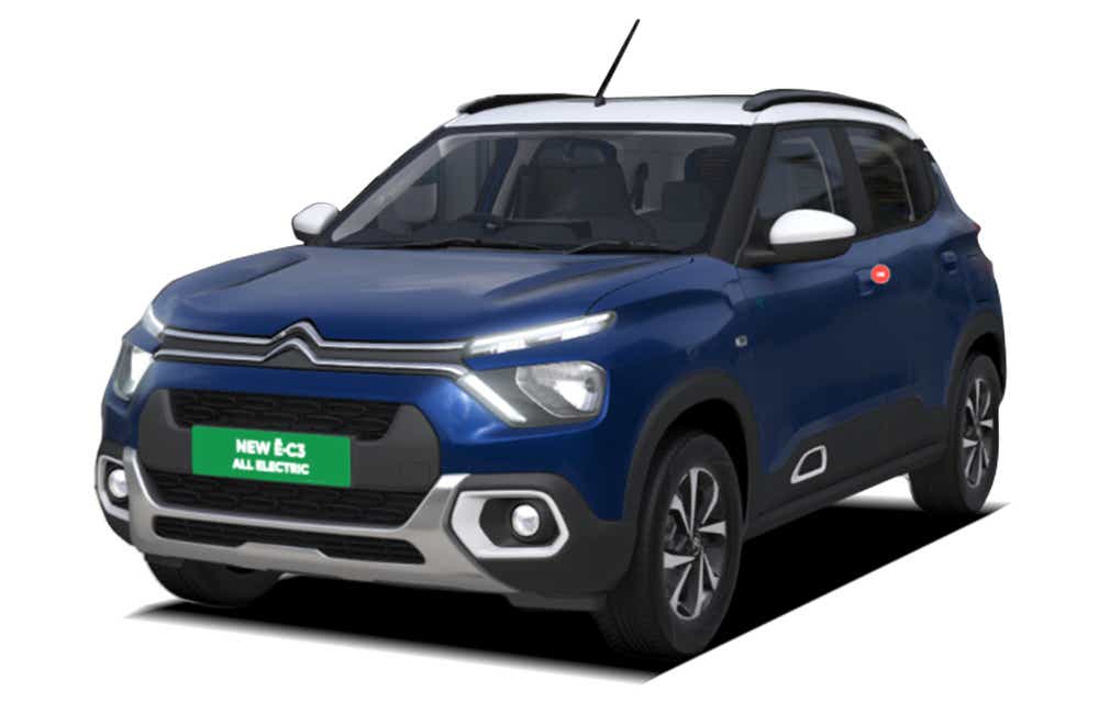 front three-quarter of a Cosmo Blue with Polar White Citroen eC3