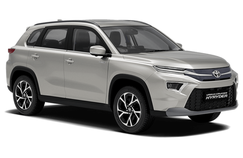 front three-quarter of a Enticing Silver Toyota Urban Cruiser Hyryder
