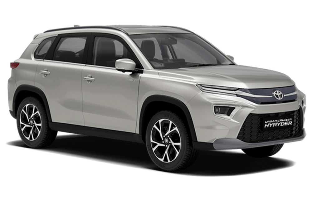 front three-quarter of a Enticing Silver Toyota Urban Cruiser Hyryder
