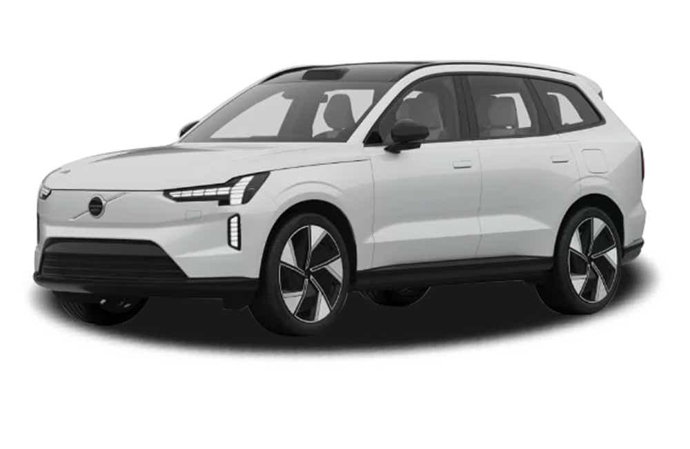 front three-quarter view of a Crystal White Volvo EX90