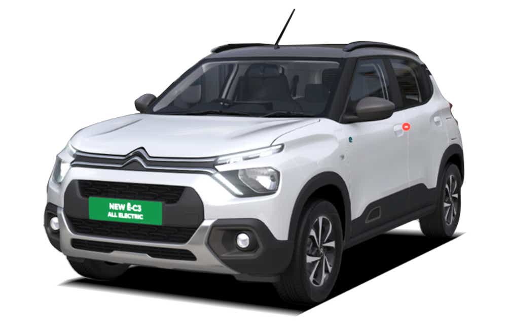 front three-quarter view of a Polar White with Platinum Grey Citroen eC3