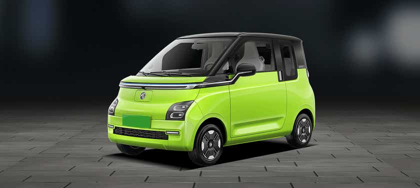 front three-quarter view of a Apple Green With Starry Black MG Comet EV