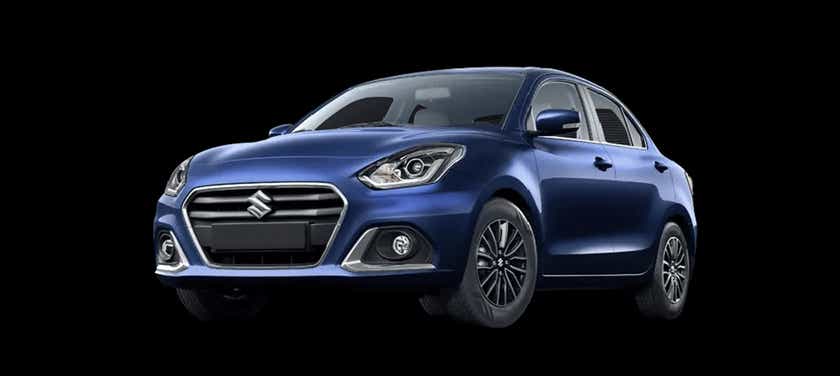 Front three-quarter of a Oxford Blue Maruti Suzuki Dzire 2018-2023