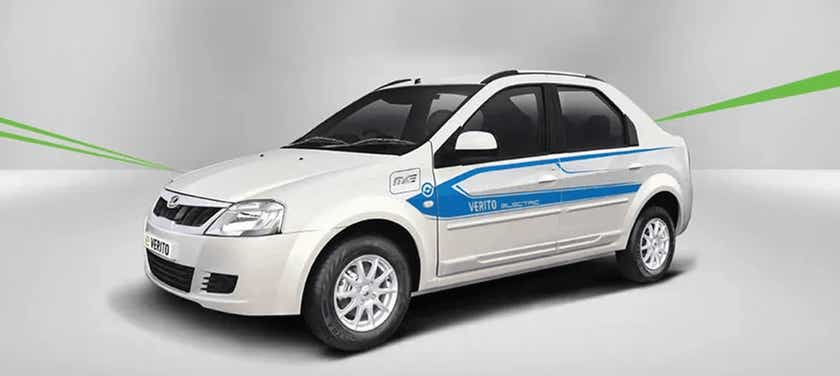 Front three-quarter of a Diamond White Mahindra E Verito