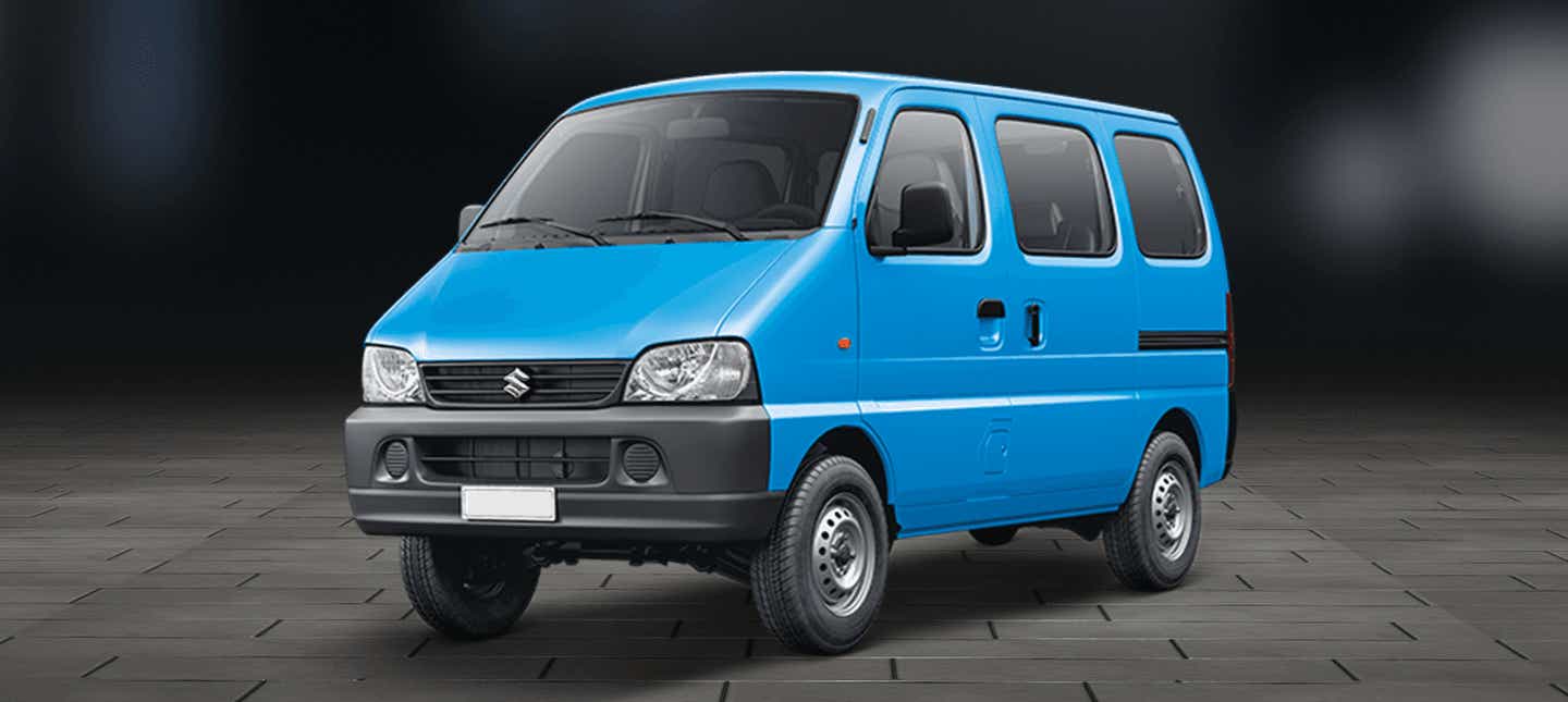 front three-quarter view of a Cerulean Blue Maruti Suzuki Eeco