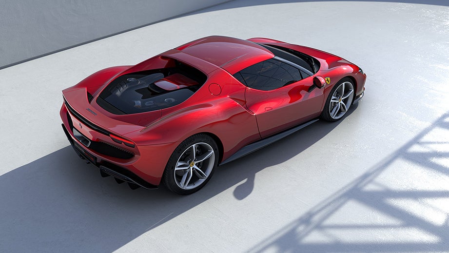 Rear three-quarter view of a Ferrari 296 GTB