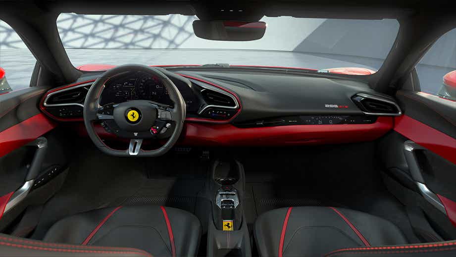 dashboard and steering wheel view of a Ferrari 296 GTB interior