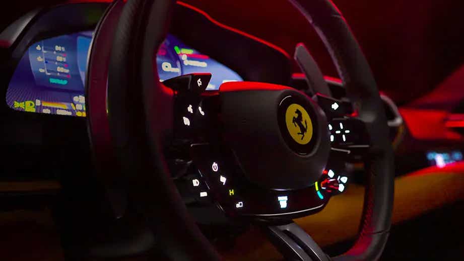 Steering wheel and dashboard of a Ferrari 296 GTB