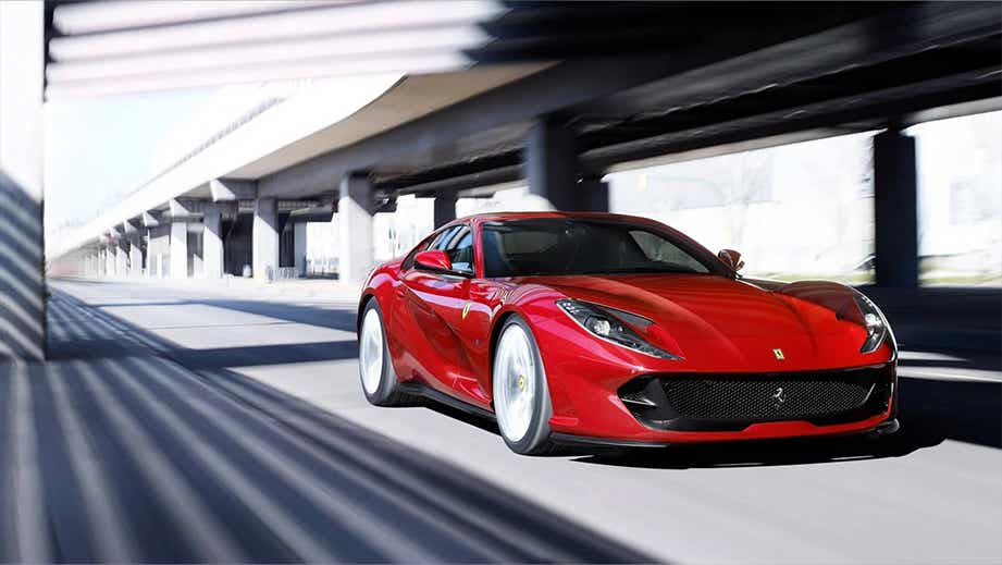 front three-quarter view of a Rosso Scuderia Ferrari 812