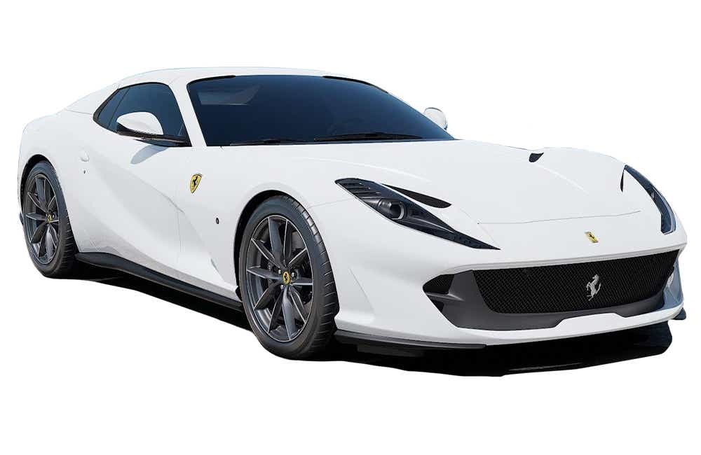 front three-quarter view of a Bianco Cervino Ferrari 812