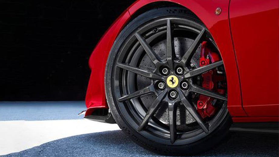 Front wheel close-up of a Ferrari F8 Tributo