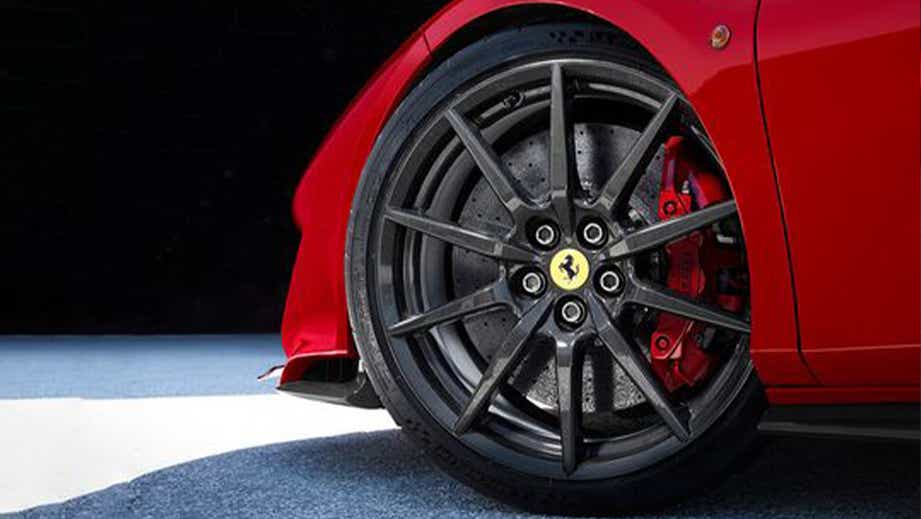 Front wheel close-up of a Ferrari F8 Tributo
