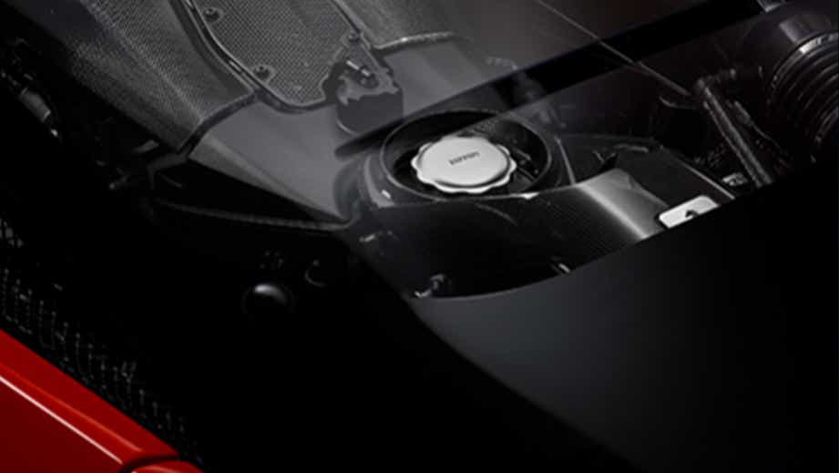 Engine bay close-up of a Ferrari F8 Tributo