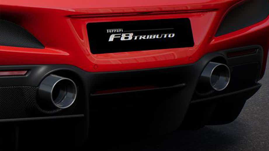 Rear exhaust view of a Ferrari F8 Tributo