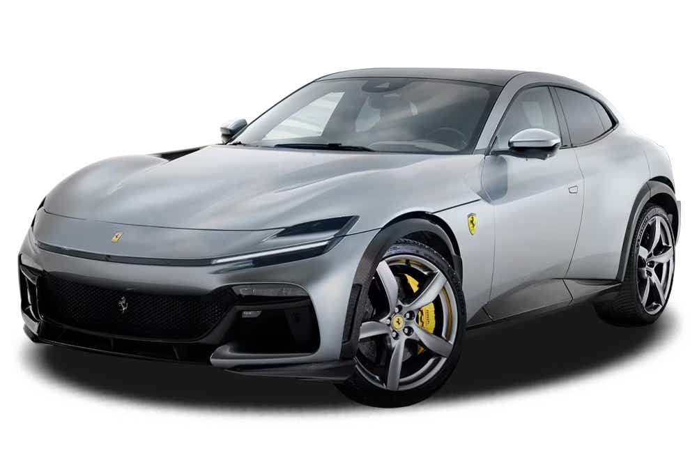 front three-quarter view of a Dsat Silver Ferrari Purosangue