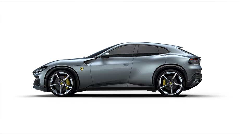 side profile of a Dsat Silver Ferrari Purosangue