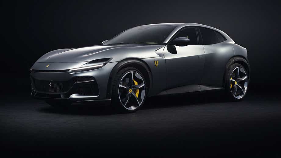 front three-quarter view of a Dsat Silver Ferrari Purosangue