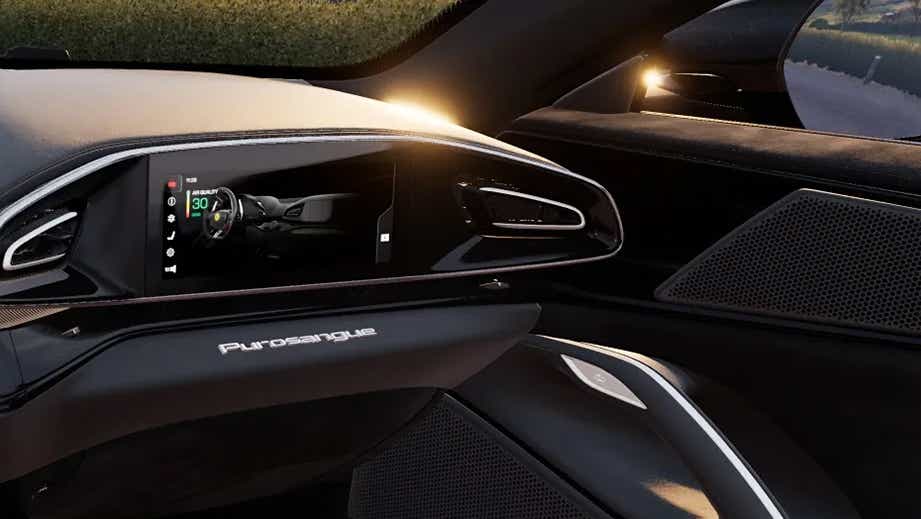 Interior dashboard of a Dsat Silver Ferrari Purosangue