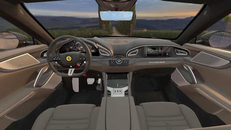 interior dashboard of a Dsat Silver Ferrari Purosangue