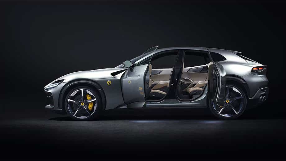 side view of a Dsat Silver Ferrari Purosangue with open doors
