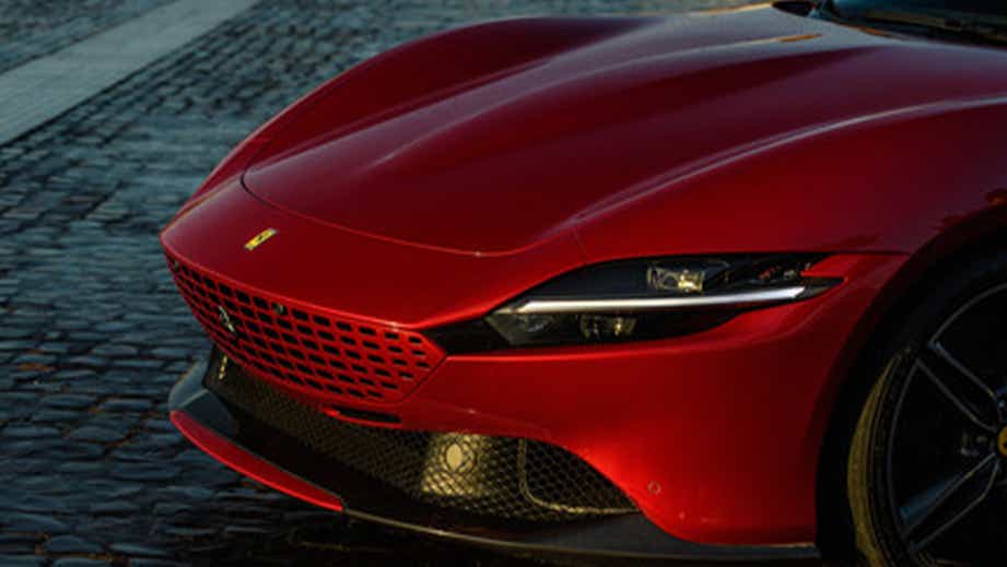 front end of a Rosso Mugello Ferrari Roma