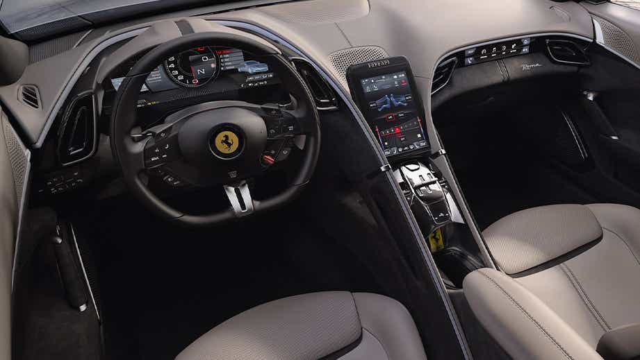Interior dashboard view of a Ferrari Roma