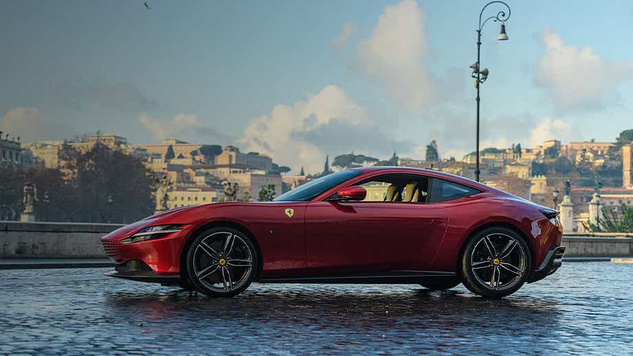 side view of a Rosso Mugello Ferrari Roma